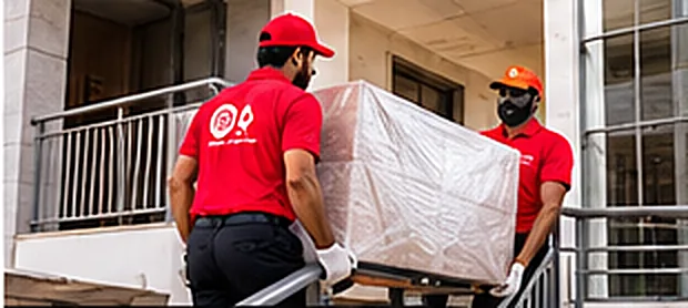 Leo movers carrying a wrapped item down the steps of a Mumbai housing society